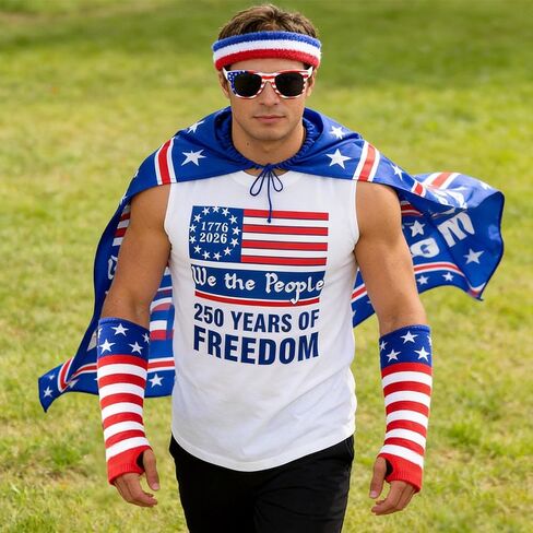 250th Anniversary American Costume Cape Set - Retro 80's USA Cape, America Flag Headband, Oversleeves and Sunglasses Adult Patriotic Theme Flag Cloak Set for 4th of July Celebration Party in Saudi Arabia