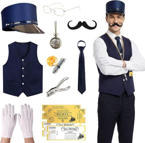 11 Pcs Train Conductor Costume Set for Adults, Conductor Hat Vest Tie Glasses Beard Pocket Watch Whistle Gloves Ticket Puncher with 2 Tickets, Christmas Holiday Party Dress Up Accessories Blue in Saudi Arabia