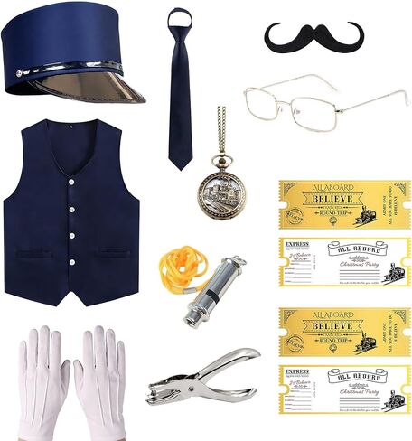11 Pcs Train Conductor Costume Set for Adults, Conductor Hat Vest Tie Glasses Beard Pocket Watch Whistle Gloves Ticket Puncher with 2 Tickets, Christmas Holiday Party Dress Up Accessories Blue in Saudi Arabia
