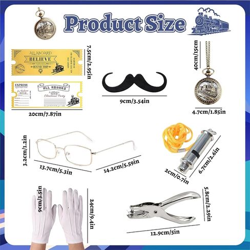 11 Pcs Train Conductor Costume Set for Adults, Conductor Hat Vest Tie Glasses Beard Pocket Watch Whistle Gloves Ticket Puncher with 2 Tickets, Christmas Holiday Party Dress Up Accessories Blue in Saudi Arabia