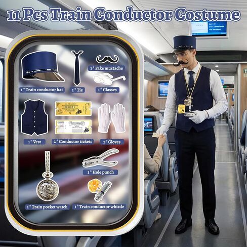 11 Pcs Train Conductor Costume Set for Adults, Conductor Hat Vest Tie Glasses Beard Pocket Watch Whistle Gloves Ticket Puncher with 2 Tickets, Christmas Holiday Party Dress Up Accessories Blue in Saudi Arabia