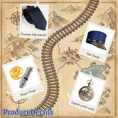 11 Pcs Train Conductor Costume Set for Adults, Conductor Hat Vest Tie Glasses Beard Pocket Watch Whistle Gloves Ticket Puncher with 2 Tickets, Christmas Holiday Party Dress Up Accessories Blue in Saudi Arabia