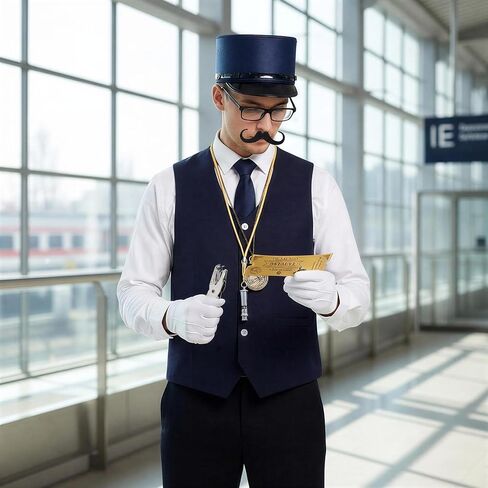 11 Pcs Train Conductor Costume Set for Adults, Conductor Hat Vest Tie Glasses Beard Pocket Watch Whistle Gloves Ticket Puncher with 2 Tickets, Christmas Holiday Party Dress Up Accessories Blue in Saudi Arabia