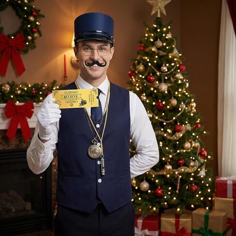 11 Pcs Train Conductor Costume Set for Adults, Conductor Hat Vest Tie Glasses Beard Pocket Watch Whistle Gloves Ticket Puncher with 2 Tickets, Christmas Holiday Party Dress Up Accessories Blue in Saudi Arabia