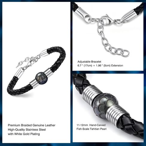 Men's Braided Genuine Leather Bracelet - 11-12mm Hand-carved Seawater Tahitian Pearl Bracelet for Men, Chirtmas Anniversary Birthday Gifts for Him Husband, Length 7.87"+1.96" in Saudi Arabia