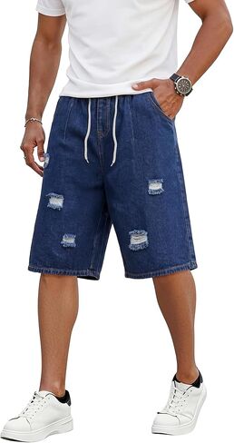 Mens Jean Shorts Baggy Drawstring Denim Jorts Loose Fit Ripped Streetwear Casual Summer Shorts for Men in Saudi Arabia