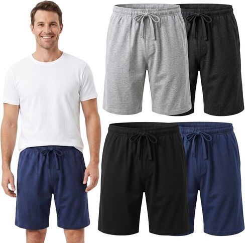 Men’s 4-Pack Pajama Shorts, Soft Breathable Sleep & Lounge Shorts, Elastic Waistband with Drawstring, S–2XL in Kuwait
