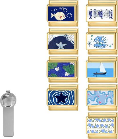 Italian Charms Gold Blue Star Fish 9Pcs Charms Set 9mm Italian Modular Charm Bracelet DIY Module Jewelry Gifts for Women Heart Black Love in Kuwait