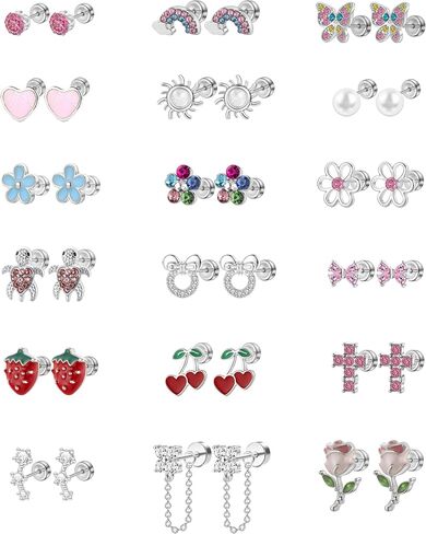 18 Pairs Hypoallergenic Screw Back Earrings for Girls Kids Women Surgical Stainless Steel Flat Back Earrings for Sensitive Ears Cute Pink Bow Heart Cross Cherry Screwback Stud Earrings Jewelry in Saudi Arabia