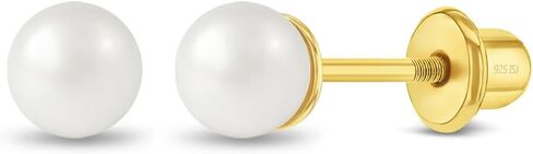 In Season Jewelry Classic White Freshwater Cultured Pearl Kids Earrings - Yellow Gold Plated Sterling Silver Hypoallergenic Earrings for Girls with Safety Screw Backs in Kuwait