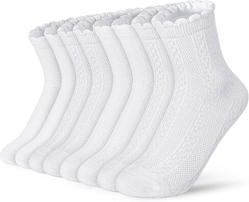 8 Pairs Ruffle Socks for Girls, White Cotton Cute Kid Frilly Dress Sock for School Uniform, Gift for Back-to-School in Kuwait