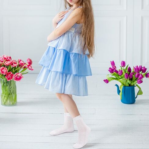 8 Pairs Ruffle Socks for Girls, White Cotton Cute Kid Frilly Dress Sock for School Uniform, Gift for Back-to-School in Kuwait