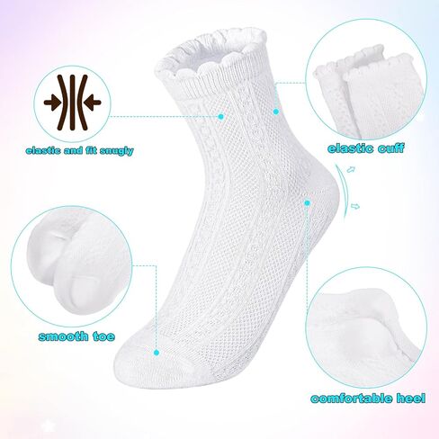 8 Pairs Ruffle Socks for Girls, White Cotton Cute Kid Frilly Dress Sock for School Uniform, Gift for Back-to-School in Kuwait