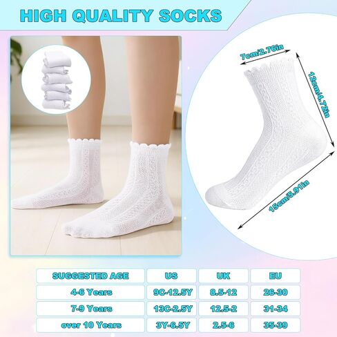 8 Pairs Ruffle Socks for Girls, White Cotton Cute Kid Frilly Dress Sock for School Uniform, Gift for Back-to-School in Kuwait