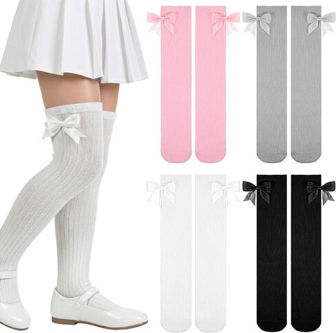 4 Pairs Bow Girls Knee High Socks, Soft Cute Long Socks for Girls Over Calf Stockings School Uniform Dress Sock (6-12Year) in Kuwait