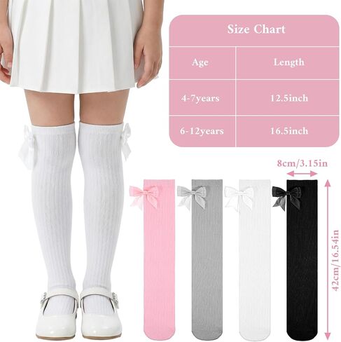 4 Pairs Bow Girls Knee High Socks, Soft Cute Long Socks for Girls Over Calf Stockings School Uniform Dress Sock (6-12Year) in Kuwait