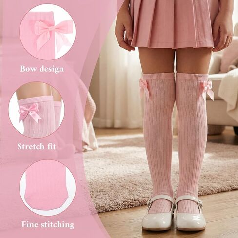 4 Pairs Bow Girls Knee High Socks, Soft Cute Long Socks for Girls Over Calf Stockings School Uniform Dress Sock (6-12Year) in Kuwait