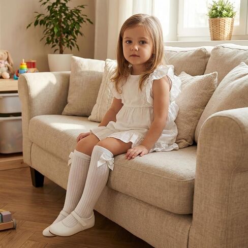 4 Pairs Bow Girls Knee High Socks, Soft Cute Long Socks for Girls Over Calf Stockings School Uniform Dress Sock (6-12Year) in Kuwait