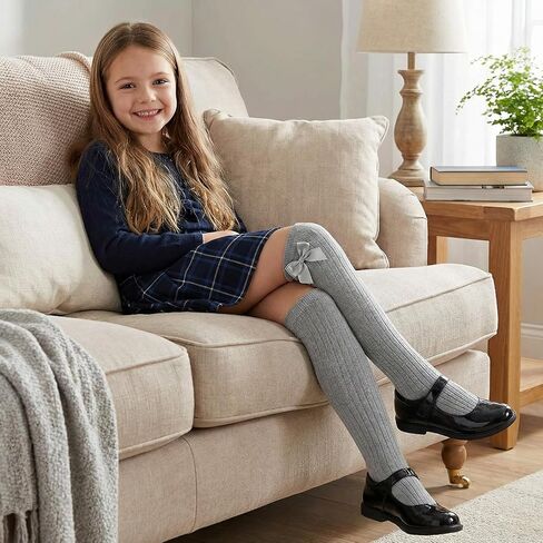 4 Pairs Bow Girls Knee High Socks, Soft Cute Long Socks for Girls Over Calf Stockings School Uniform Dress Sock (6-12Year) in Kuwait