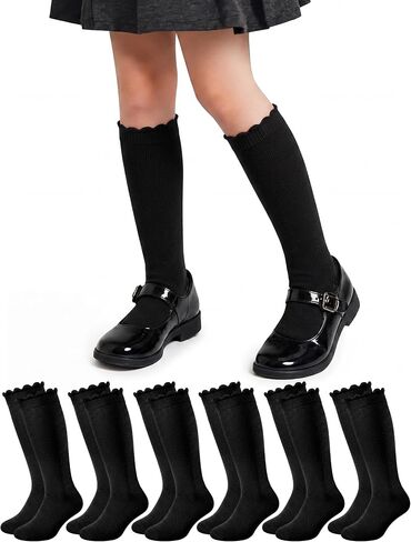 Ramede 6 Pack Ruffle Knee High Socks School Uniform Dress Scallop Socks Seamless Cotton for Girls Black White Navy Blue in Kuwait