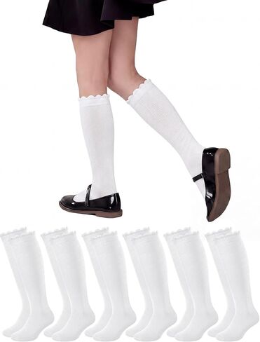Ramede 6 Pack Ruffle Knee High Socks School Uniform Dress Scallop Socks Seamless Cotton for Girls Black White Navy Blue in Saudi Arabia