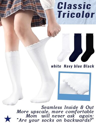 Ramede 6 Pack Ruffle Knee High Socks School Uniform Dress Scallop Socks Seamless Cotton for Girls Black White Navy Blue in Saudi Arabia