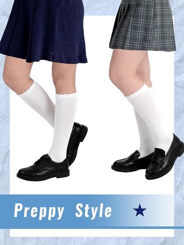 Ramede 6 Pack Ruffle Knee High Socks School Uniform Dress Scallop Socks Seamless Cotton for Girls Black White Navy Blue in Saudi Arabia