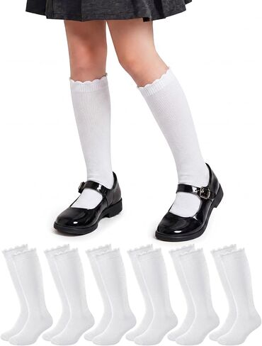 Ramede 6 Pack Ruffle Knee High Socks School Uniform Dress Scallop Socks Seamless Cotton for Girls Black White Navy Blue in Saudi Arabia