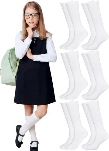 Ramede 6 Pack Ruffle Knee High Socks School Uniform Dress Scallop Socks Seamless Cotton for Girls Black White Navy Blue in Saudi Arabia