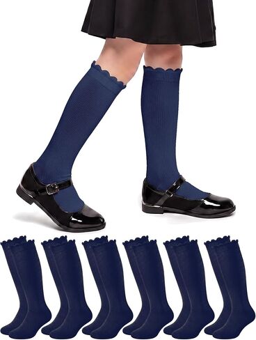 Ramede 6 Pack Ruffle Knee High Socks School Uniform Dress Scallop Socks Seamless Cotton for Girls Black White Navy Blue in Saudi Arabia