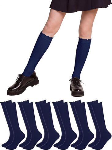 Ramede 6 Pack Ruffle Knee High Socks School Uniform Dress Scallop Socks Seamless Cotton for Girls Black White Navy Blue in Saudi Arabia