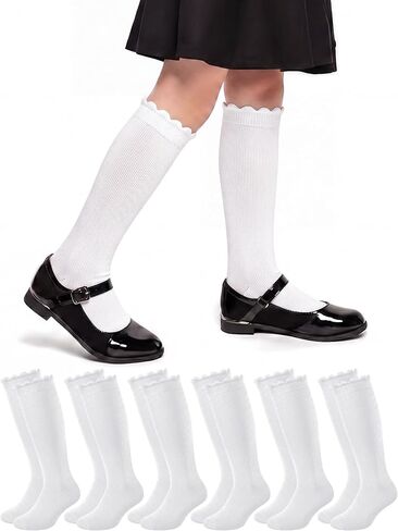 Ramede 6 Pack Ruffle Knee High Socks School Uniform Dress Scallop Socks Seamless Cotton for Girls Black White Navy Blue in Saudi Arabia