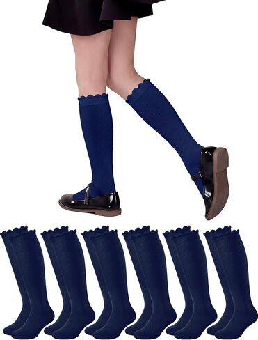 Ramede 6 Pack Ruffle Knee High Socks School Uniform Dress Scallop Socks Seamless Cotton for Girls Black White Navy Blue in Saudi Arabia