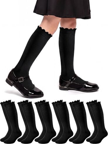 Ramede 6 Pack Ruffle Knee High Socks School Uniform Dress Scallop Socks Seamless Cotton for Girls Black White Navy Blue in Saudi Arabia
