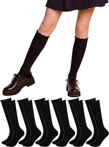 Ramede 6 Pack Ruffle Knee High Socks School Uniform Dress Scallop Socks Seamless Cotton for Girls Black White Navy Blue in Saudi Arabia