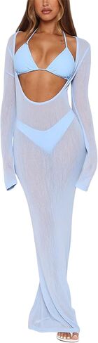 3 Piece Swimsuits for Women Sexy Halter Triangle Thong Bikini Sets with Sheer Mesh Beach Cover Up Dress Vacation Outfits in Kuwait