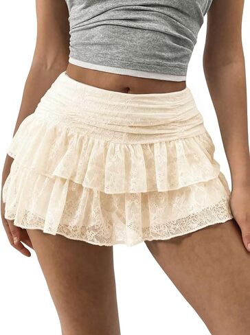 imbpceu Women Lace Mini Skirt Y2k Low Rise Floral Ruffled Pleated Layered Flowy Skirts Skort in Saudi Arabia