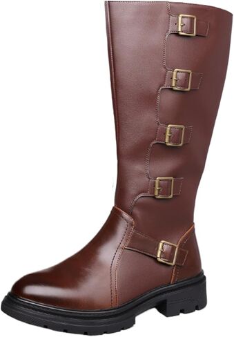 Men's Leather Side Zipper Knee High Motorcycle Boots Round Toe Platform Chunky Belt Buckle Retro Punk Style For Daily Autumn Winter Outdoor Riding Western Boots in Saudi Arabia