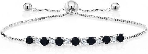 Gem Stone King 0.88 Ct Round Black Onyx White Created Sapphire 925 Sterling Silver Bracelet in Kuwait
