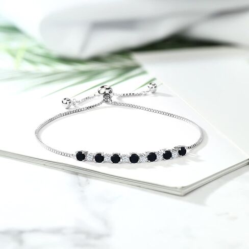 Gem Stone King 0.88 Ct Round Black Onyx White Created Sapphire 925 Sterling Silver Bracelet in Kuwait