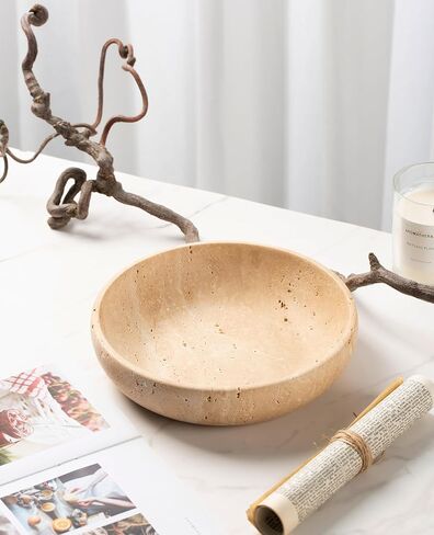 Natural Travertine Decorative Bowl 7.8", Handmade Stone Catchall Bowl for Entryway Key, Coffee Table Centerpiece, Kitchen Counter Fruit Bowl, Ring Tray, Office Home Decor Modern Apartment Essential in Saudi Arabia