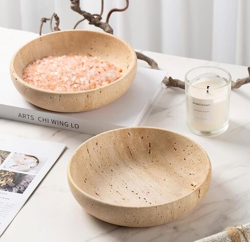 Natural Travertine Decorative Bowl 7.8", Handmade Stone Catchall Bowl for Entryway Key, Coffee Table Centerpiece, Kitchen Counter Fruit Bowl, Ring Tray, Office Home Decor Modern Apartment Essential in Saudi Arabia