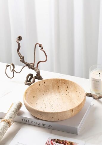 Natural Travertine Decorative Bowl 7.8", Handmade Stone Catchall Bowl for Entryway Key, Coffee Table Centerpiece, Kitchen Counter Fruit Bowl, Ring Tray, Office Home Decor Modern Apartment Essential in Saudi Arabia