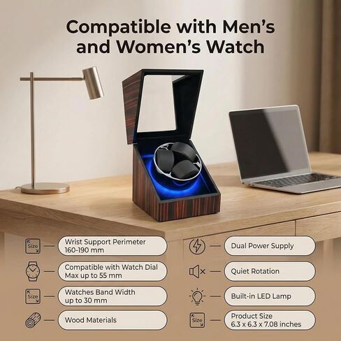 3 Watch Winder for Automatic Watches, Watch Rotator for Rolex 5 Rotation Modes Box with Blue Light, Watches Winder Case USB-C or Battery Powered Present for Men Quiet Mabuchi Motor(≤5db) in Saudi Arabia