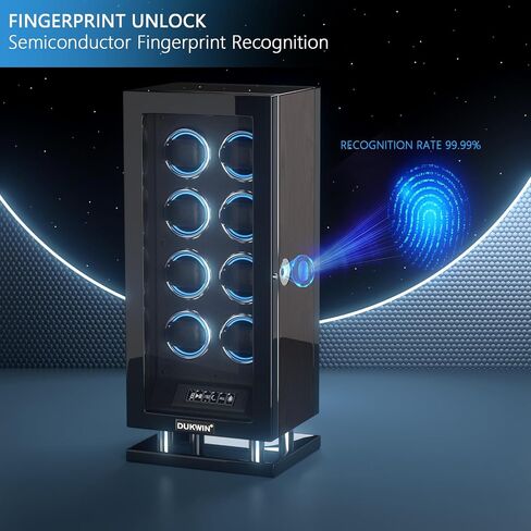 DUKWIN Fingerprint Lock Watch Winder for 6/9/12 Automatic Watches with Changing Light, Multiple TPD, LCD Touchscreen, Remote Control, Adjustable Watches Pillow and Quiet Motor for Watch Lover in Saudi Arabia