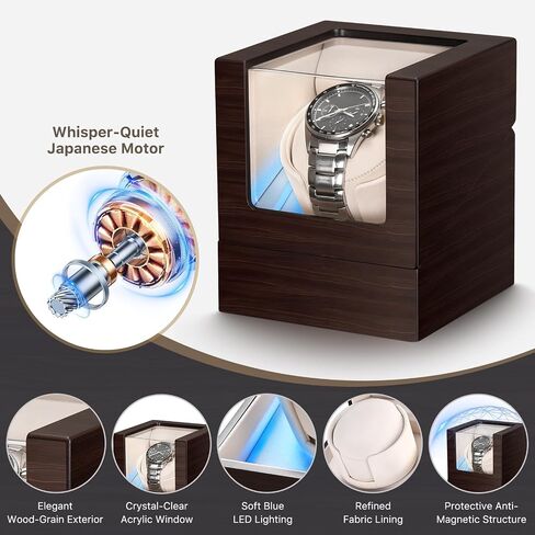 Watch Winder for Automatic Watches, Ultra Quiet Japanese Motor (<5 db), Premium Self Winding Rotating Wooden Watch Case with Soft Blue Ambient Light, Gifts for Him/Her/Dad (Dark Brown, One) in Saudi Arabia