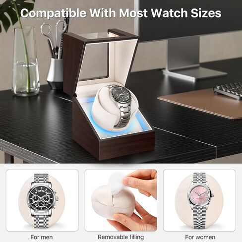 Watch Winder for Automatic Watches, Ultra Quiet Japanese Motor (<5 db), Premium Self Winding Rotating Wooden Watch Case with Soft Blue Ambient Light, Gifts for Him/Her/Dad (Dark Brown, One) in Saudi Arabia