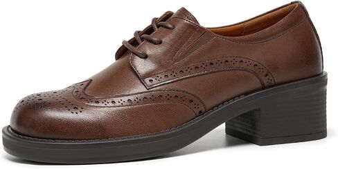 BEAU TODAY Oxford Shoes for Women Leather Wingtip Brogue Lace-Up Round Toe Block Heel Comfortable Dress Oxfords for Business Casual Office Work in Kuwait