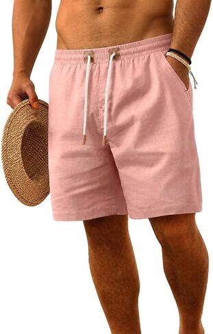 ZKMAN Men's Linen Shorts Casual Breathable Summer Beach Vacation Drawstring Elastic Waist Short with Pockets in Kuwait
