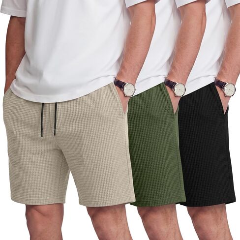 August Alley 3 Pack Men's Casual Waffle Shorts 7 Inch Stretch Drawstring Elastic Waist Summer Sweat Shorts with Pockets in Kuwait